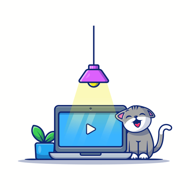 Cute Cat With Laptop And Plant by Catalyst Labs