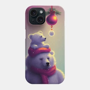 A polar bear in a red scarf with a bear cub on his shoulders. Phone Case