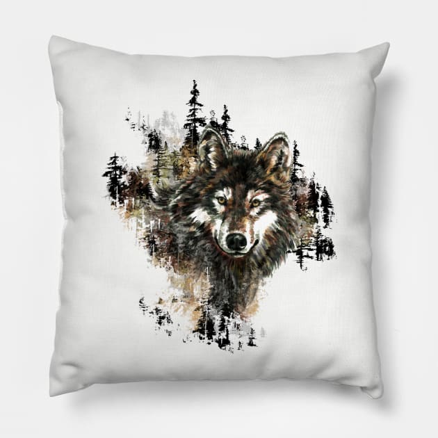 Watercolor Wolf Animal Mountain Wildlife Pillow by Country Mouse Studio