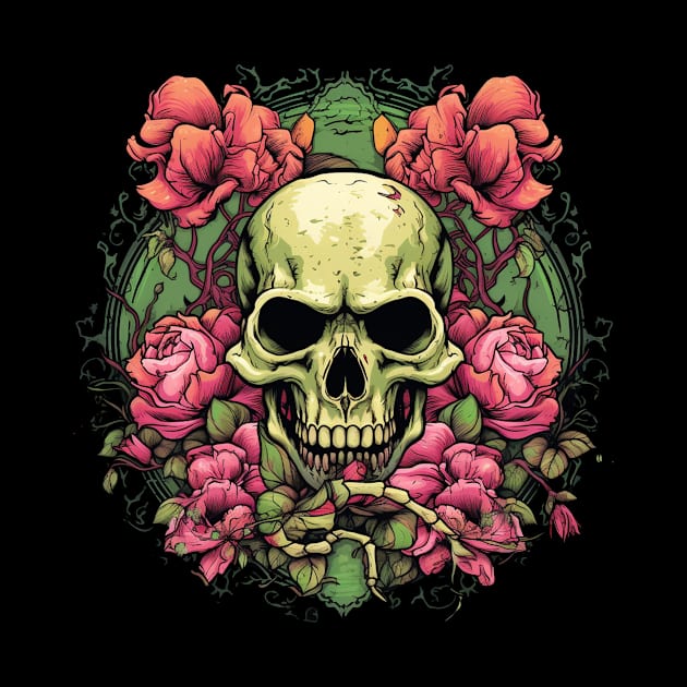 Evil Skull with Roses and Green Leaves by TOKEBI