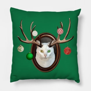 Festive White Catalope Portrait with Christmas Ball Ornaments Pillow