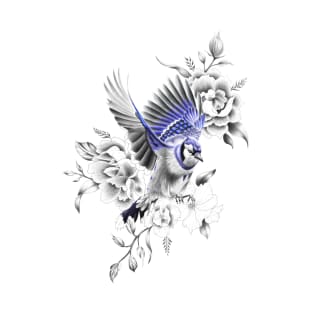 Blue Jay Flying Away with Flowers Design T-Shirt