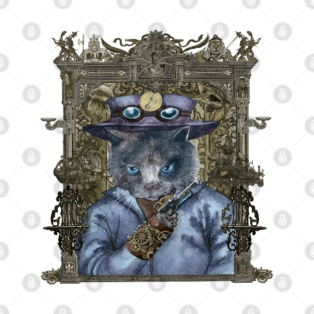 Cat in Blue Leather Jacket with Magical Bracelet in Steampunk Frame by FelisSimha