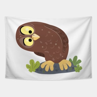 Cute curious funny brown owl cartoon illustration Tapestry