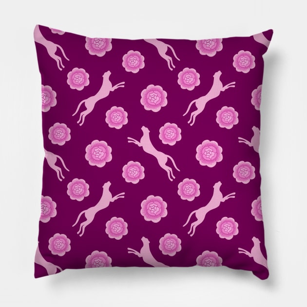 Beautiful wild jumping cheetahs, lovely pink blooming roses. Stylish classy elegant dark purple violet magenta retro vintage botanical animal nature pattern. Pillow by IvyArtistic