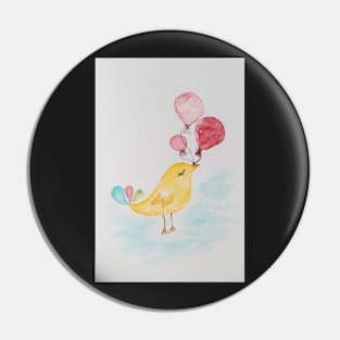 Little cute bird with balloons. Watercolor hand painted illustration for greeting card Pin