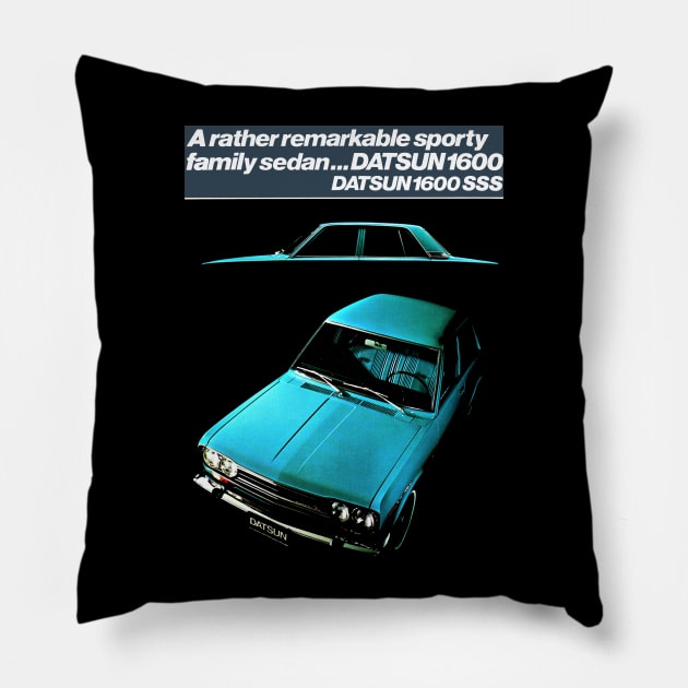 DATSUN BLUEBIRD 1600 SSS - advert Pillow by Throwback Motors