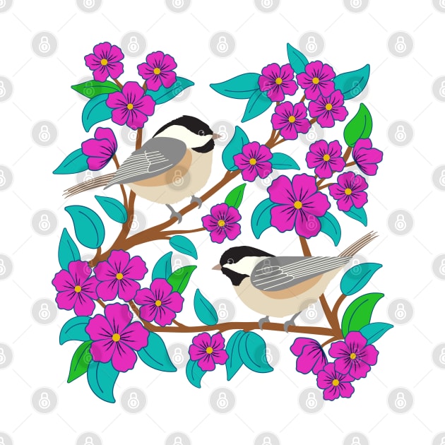 Chickadee birds among the purple flowers by Jennifer Ladd