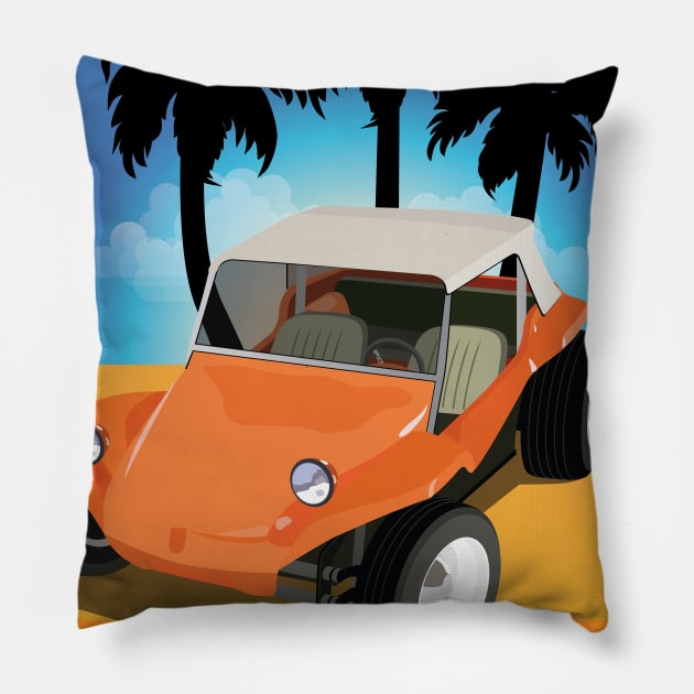 Orange Dune Buggy on Beach with Palms Pillow by PauHanaDesign