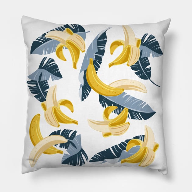 In the shade of banana tree // print // white background dark pastel and navy blue leaves Pillow by SelmaCardoso