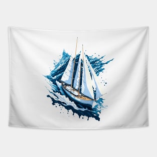 Old sailing boat sailing the sea. Waves and blue tones Tapestry