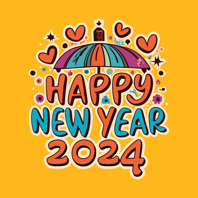 Happy New Year 2024 Funky Love Heart Font Design by IceTees