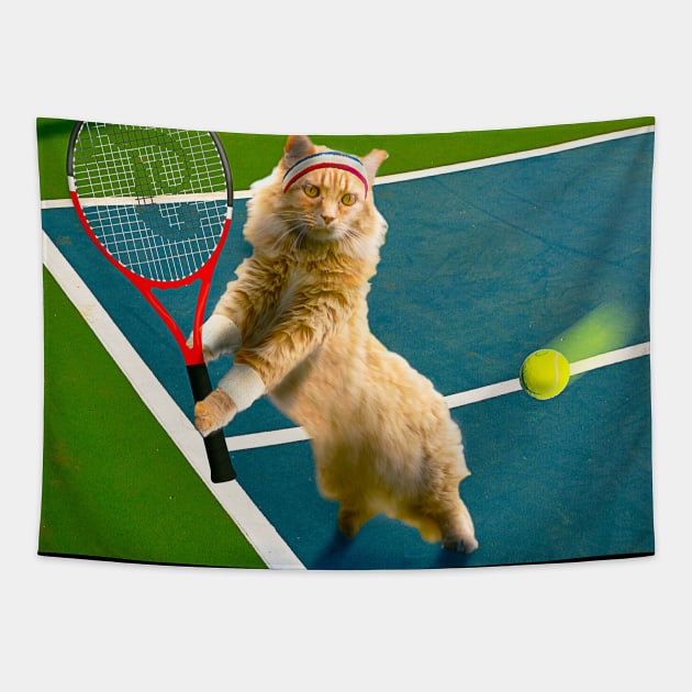 Maine Coon Cat Playing Tennis Tapestry by Random Galaxy