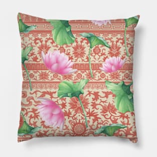 Hong Kong Lotus Pink and Green with Floral Pastel Pattern Pillow