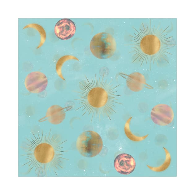 Gold Sun Moon Planets Space Blue illustration by NdesignTrend