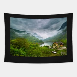 Lake in the mountains on a foggy day Tapestry