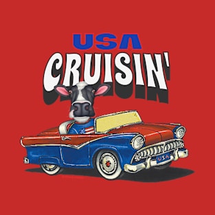 Humor and Funny cute Cow driving a classic car through the USA T-Shirt