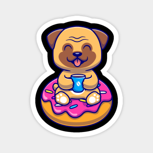 Cute Pug Dog With Coffee And Doughnut Cartoon Magnet