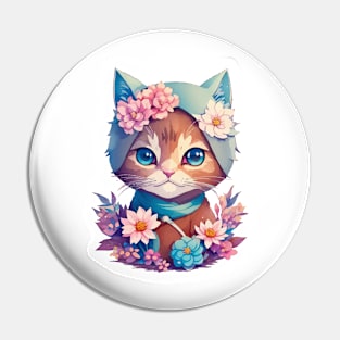 Floral Cute Cat With Flowers in Nature's Embrace Pin