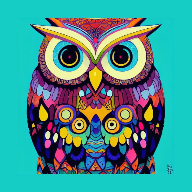 Colorful Owl Portrait Illustration - Bright Vibrant Colors Bohemian Style Feathers Psychedelic Bird Animal Rainbow Colored Art by JensenArtCo