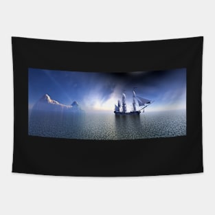 Pirate Ship In blue sky and beautiful calm sea. Tapestry