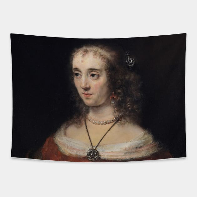 Portrait of a Lady with a Lap Dog by Rembrandt Tapestry by Classic Art Stall