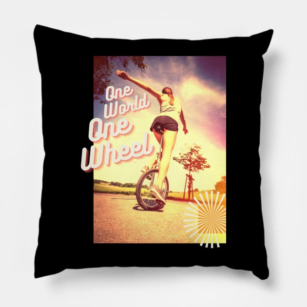 One World one Wheel Einrad Artist Zirkus Design Pillow by Maggini Art