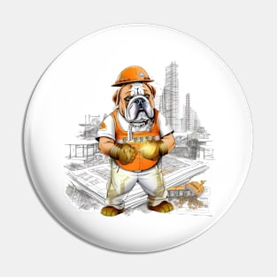 A Carpenter English Bulldog standing on a construction site, holding a blueprint and pointing Pin