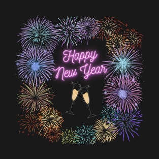 Happy New Year Fireworks and Champagne Flutes T-Shirt