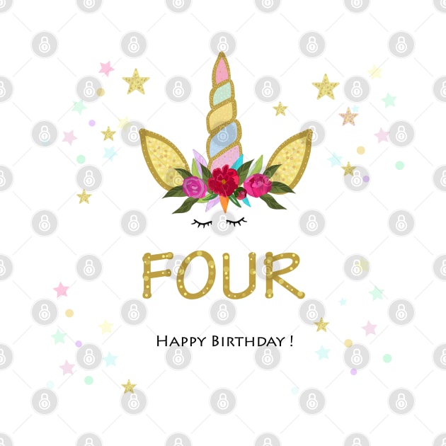 Fourth birthday candle. Four. Unicorn Birthday invitation. Party invitation greeting card by GULSENGUNEL