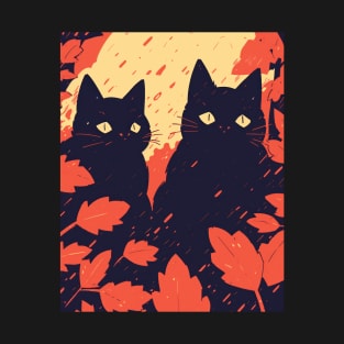 Black Cat Autumn Theme Painted Art T-Shirt