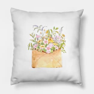 pink cherry blossom flowers in light brown envelop ink and watercolor Pillow