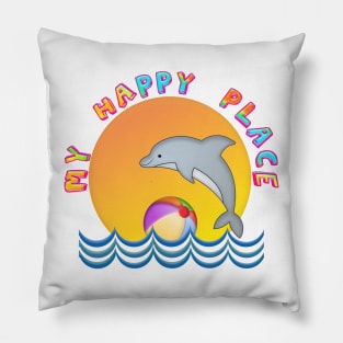 MY HAPPY PLACE Beach Sun Dolphin Waves Ball Illustration Pillow