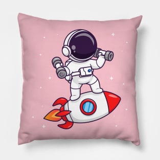 Cute Astronaut Lifting Dumbbell On Rocket Cartoon Pillow