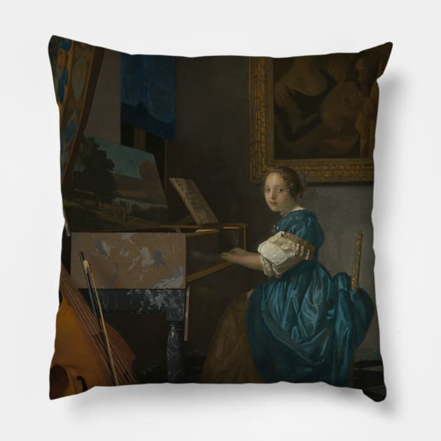 Lady Seated at a Virginal by Jan Vermeer Pillow by Classic Art Stall