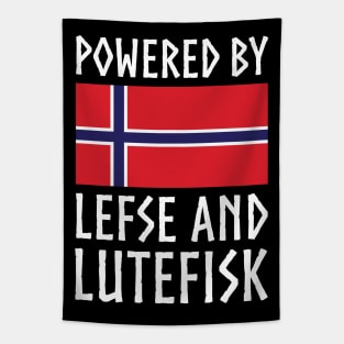 Powered By Lefse and Lutefisk Norway Flag Tapestry