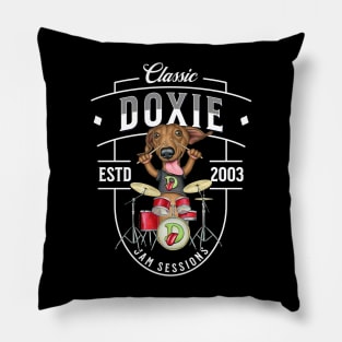 Fun doxie Dog playing drums for a rock and roll band on Doxie Jam Sessions tee Pillow