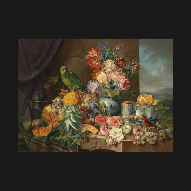 Still Life with Fruit Flowers and a Parrot by Josef Schuster by Amanda1775