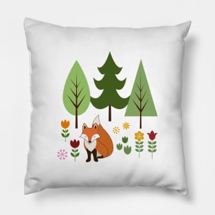 Scandinavian Style Fox Flowers Trees Illustration Pillow