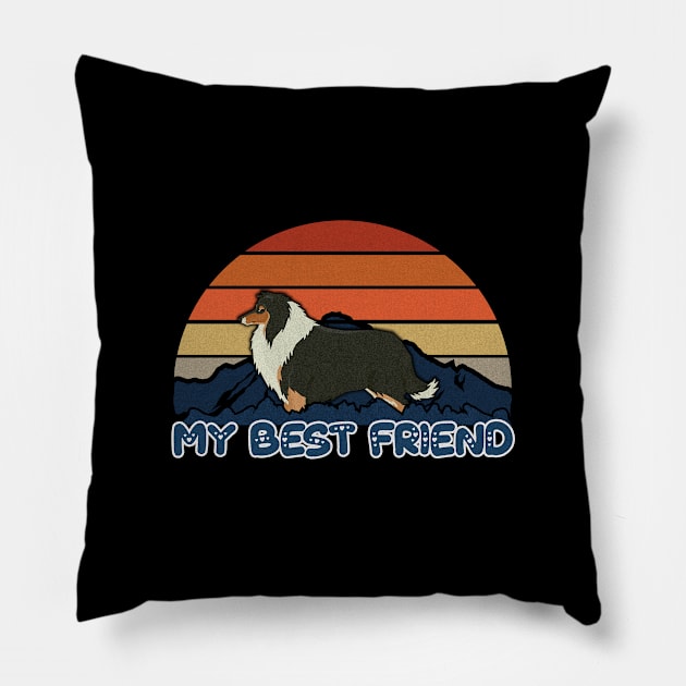 My Best Friend Collie Striped Sunset Mountain Background Design - Gift for Collie Lovers Pillow by HarrietsDogGifts