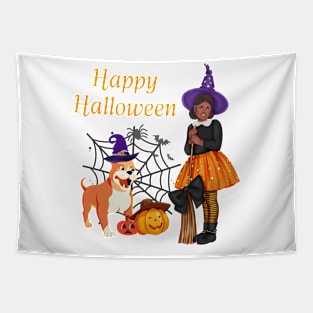 Halloween witch with her cute bulldog Tapestry