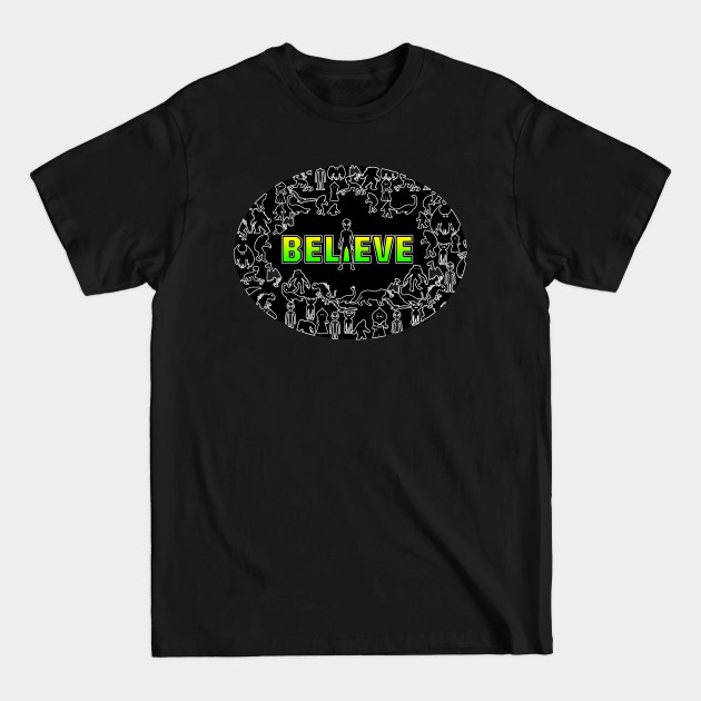 Discover Cryptid Collage "Believe" black and multi on white - Cryptids - T-Shirt