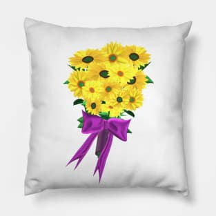 Yellow Sunflowers Bouquet with Purple Ribbon (White Background) Pillow