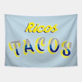 Ricos tacos authentic mexican food blue font calligraphy banner taquería rótulo Tapestry