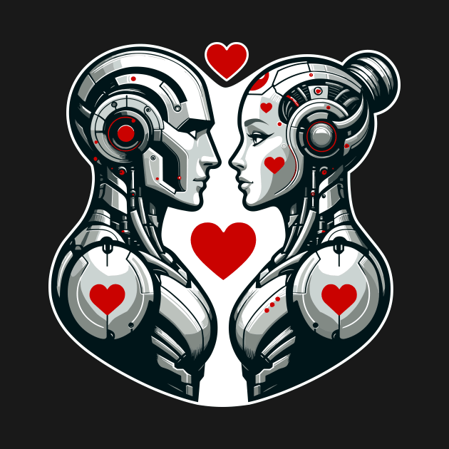 Robot Couple Love T-Shirt, Cute Cyber Romance Graphic Tee, Unisex Adult Sci-Fi Shirt, Valentine's Day Gift Idea by Cat In Orbit ®