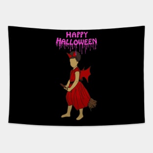 Happy halloween witch on broom pink Tapestry