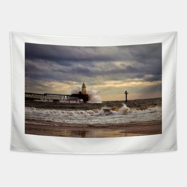 Storm at the harbour mouth Tapestry by Violaman