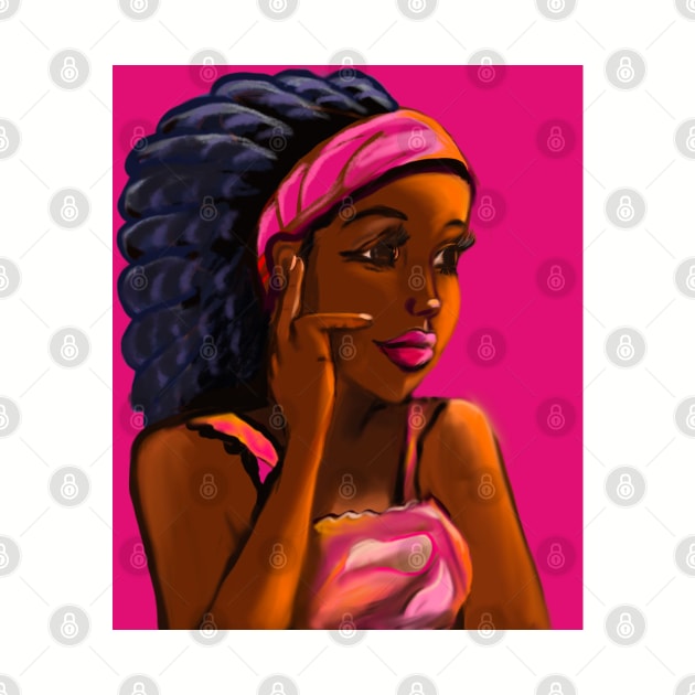 Afro queen in pink headband - Mahagony brown skin girl with thick glorious afro dreadlocks in her hair by Artonmytee