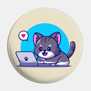 Cute Cat Working On Laptop Cartoon Pin