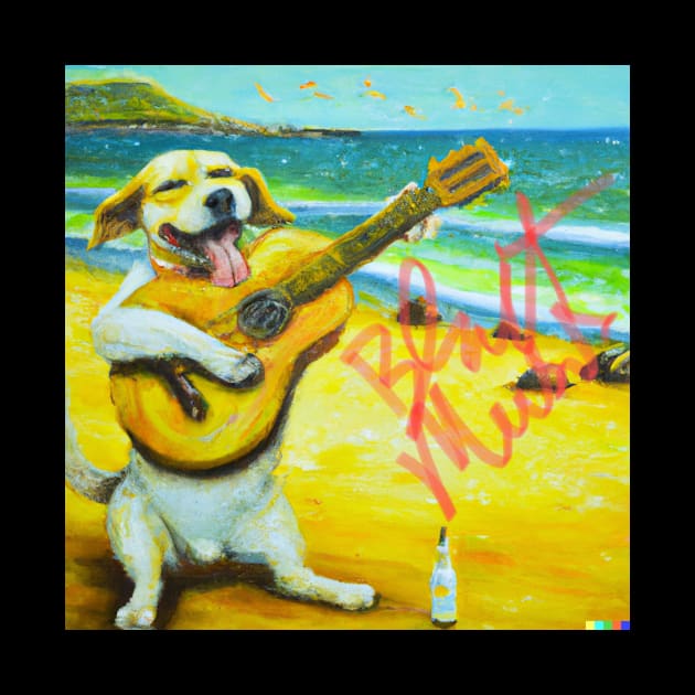 Dog playing guitar on beach by Blast Music